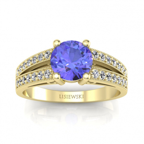 Złoty pierścionek zaręczynowy z tanzanitem i brylantami - p16027zt