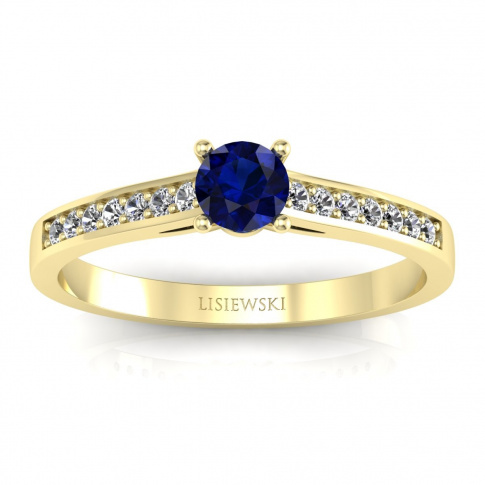 Złoty pierścionek zaręczynowy z szafirem i brylantami - p16312zsz